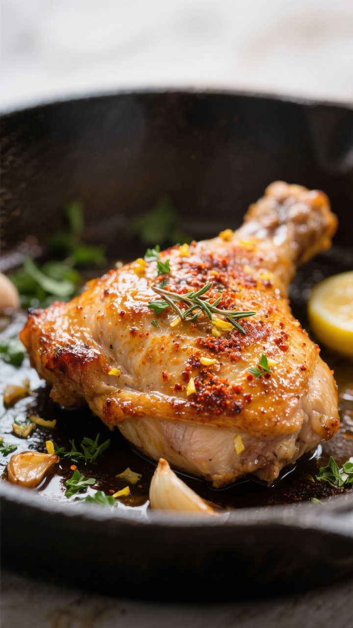 Close-up detail: Crispy garlic-herb chicken thigh just out of the oven, skin-side up with deep golde