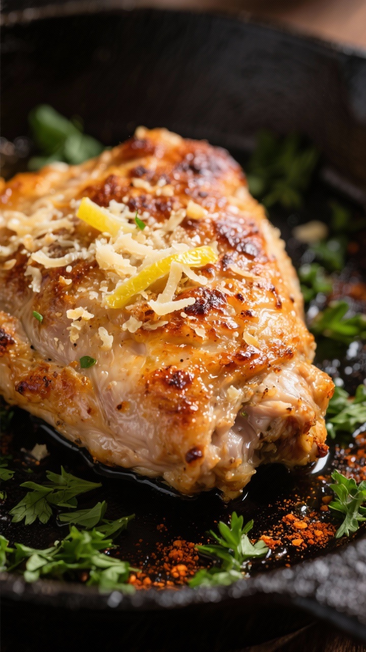 Close-up detail: Crispy garlic-Parmesan chicken thigh just out of the oven, skin-side up with bliste