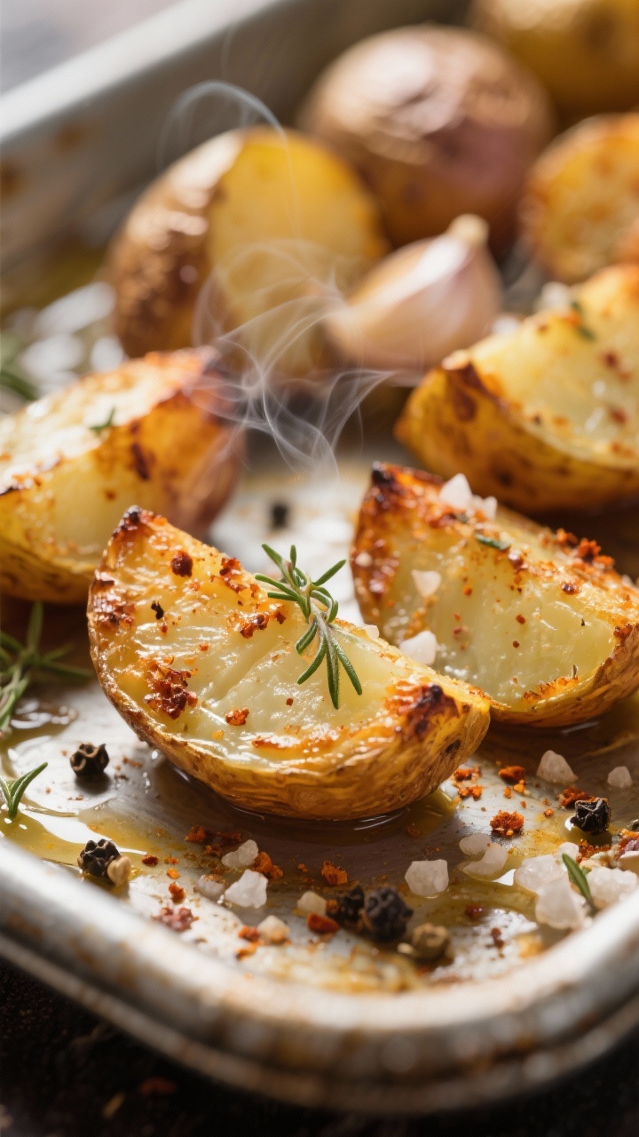 Close-up detail: Crispy garlic roasted baby potatoes fresh from the oven, cut-sides deeply golden an