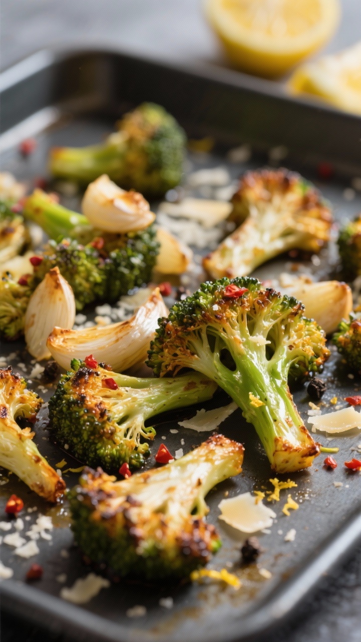 Close-up detail: Crispy garlic roasted broccoli florets just out of the oven, golden-browned edges w
