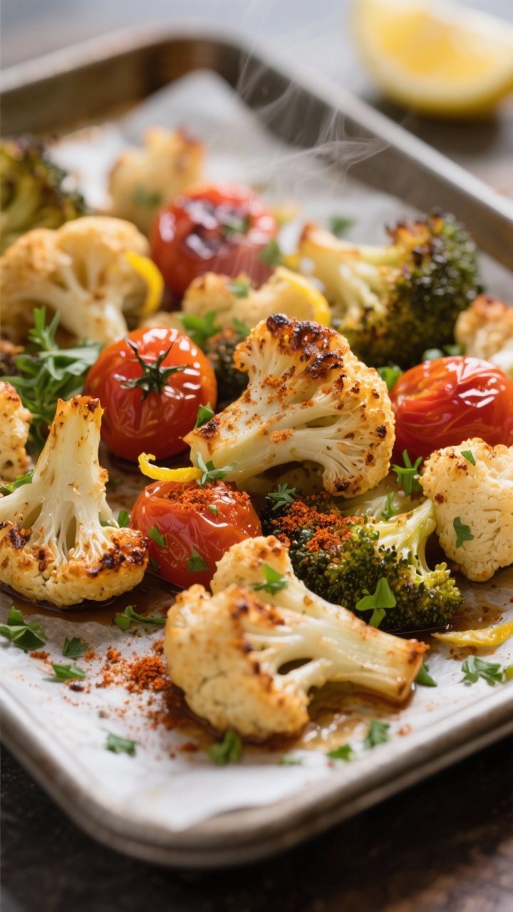 Close-up detail: Crispy oven-roasted broccoli and cauliflower florets with caramelized edges and bli