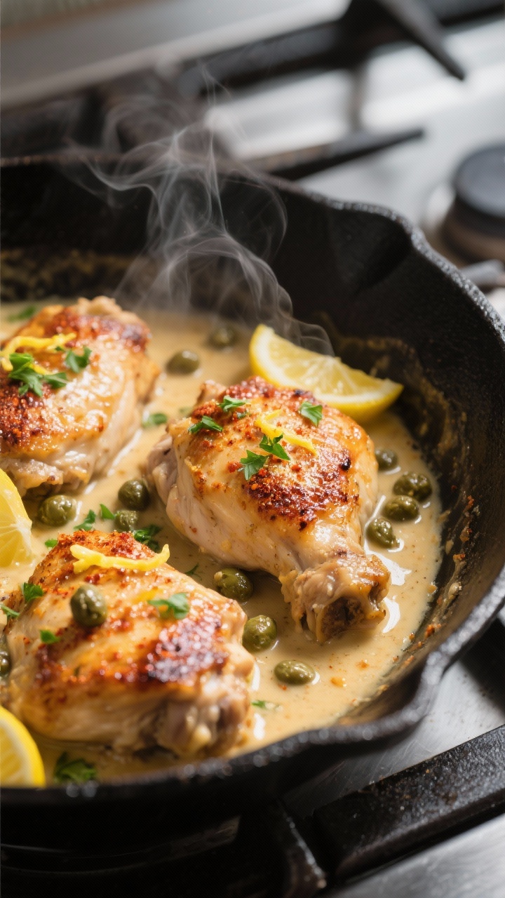Close-up detail: Crispy skin-on chicken thighs simmering in creamy lemon-garlic sauce in a black cas