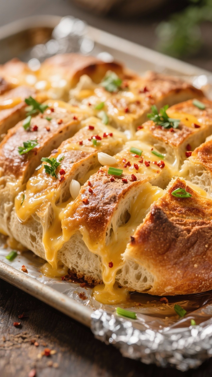 Close-up detail: Crosshatched sourdough pull-apart bread just out of the oven, cheese visibly molten