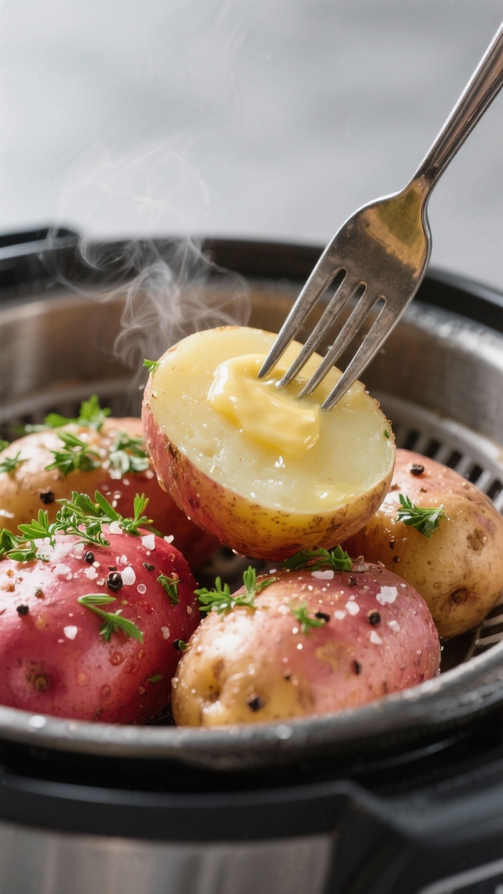 Close-up detail: Fork-tender baby Yukon and red potatoes just out of the Instant Pot steamer basket,