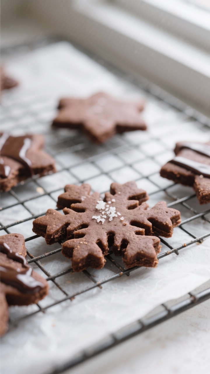 Close-up detail: Freshly baked gluten-free chocolate cut-out cookies cooling on a wire rack, sharp s