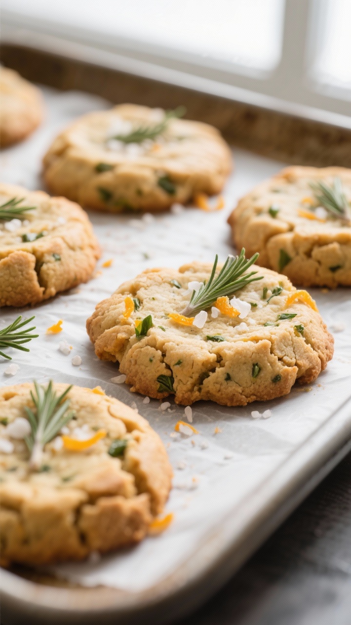 Close-up detail: Freshly baked gluten-free rosemary orange cookies just out of the oven, edges light
