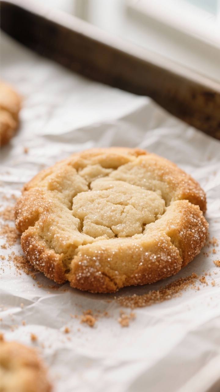 Close-up detail: Freshly baked keto snickerdoodle cookie just out of the oven on parchment, crisp go