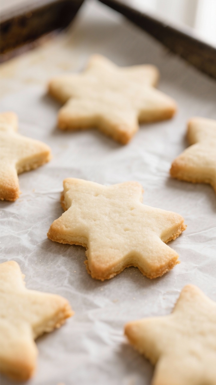 Close-up detail: Freshly baked vegan sugar cookies just out of the oven on parchment, edges faintly 