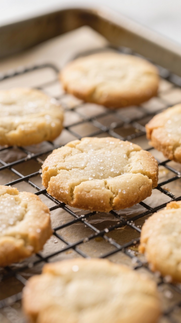 Close-up detail: Freshly baked vegan sugar cookies cooling on a wire rack, edges lightly golden with