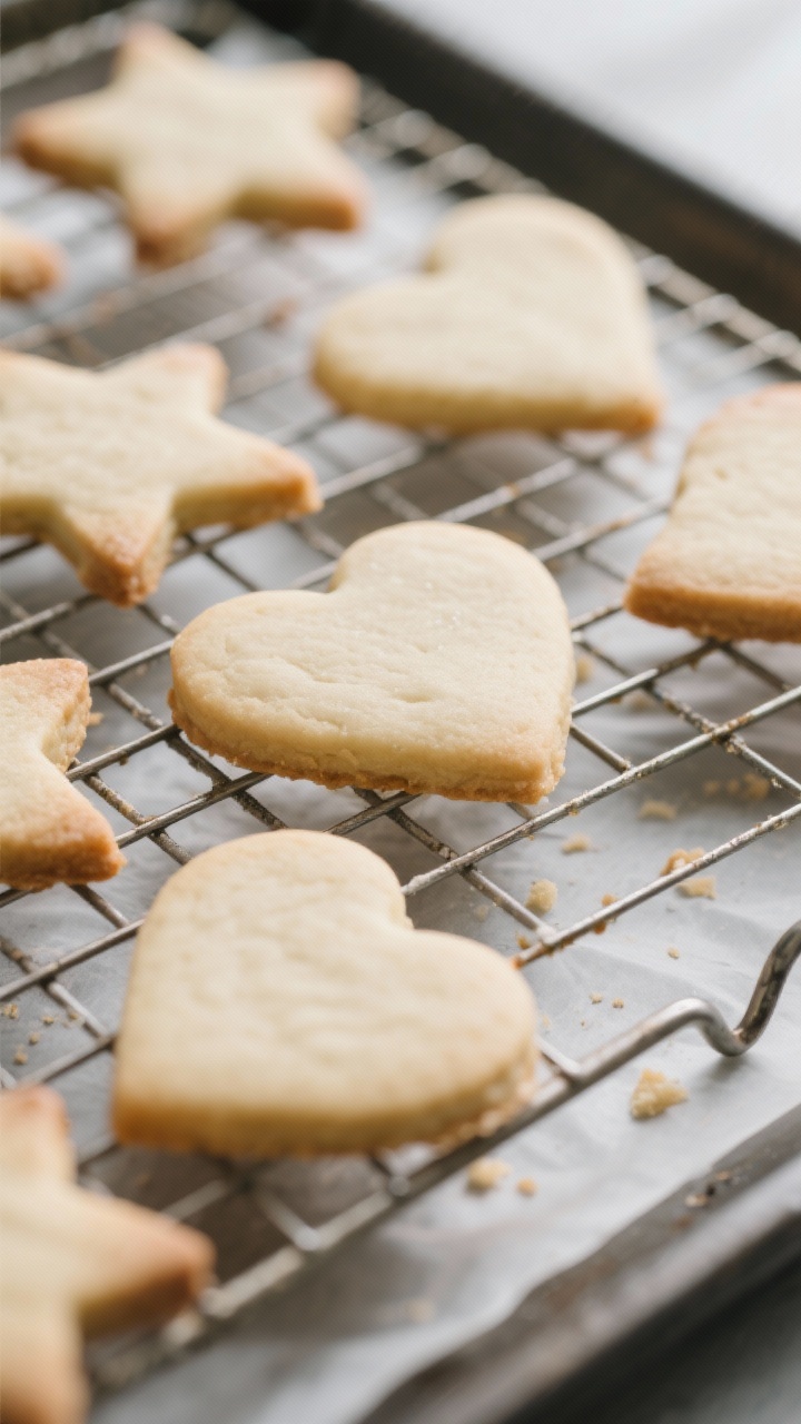 Close-up detail: Freshly baked vegan sugar cookies cooling on a wire rack, edges crisp and clean, ce