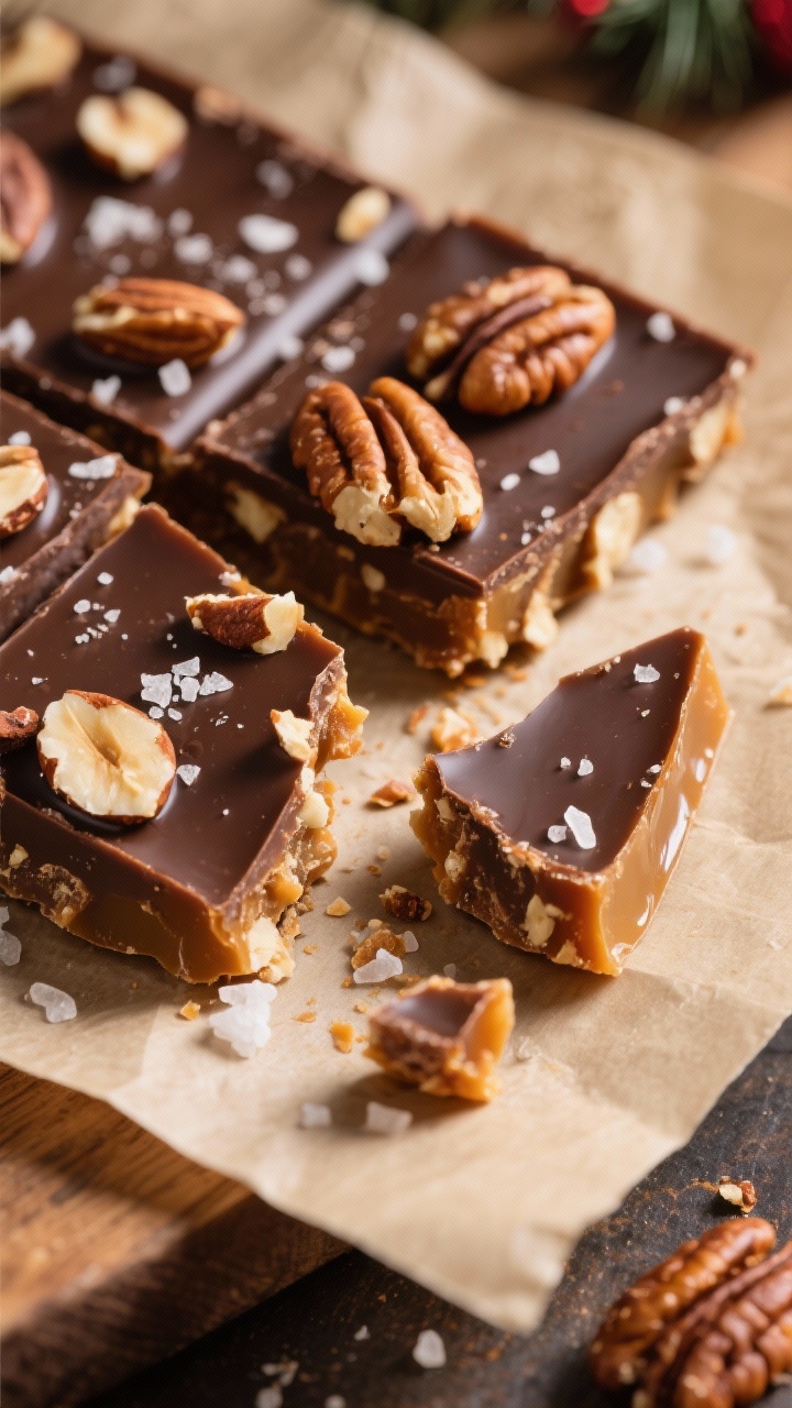 Close-up detail: Freshly broken shards of Christmas toffee showing a clean hard-crack snap, glossy d