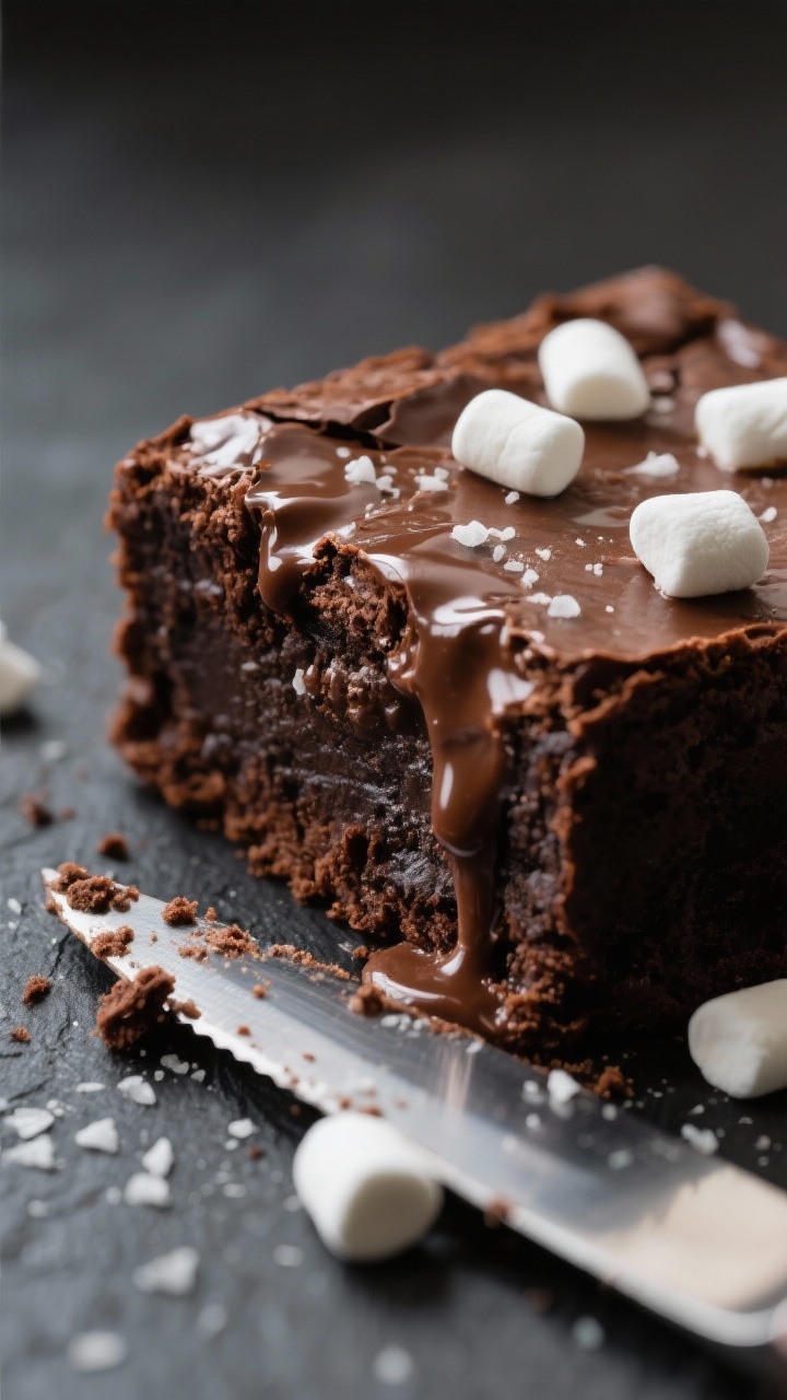 Close-up detail: Fudgy hot chocolate brownie square just after slicing, showing glossy crackly top, 