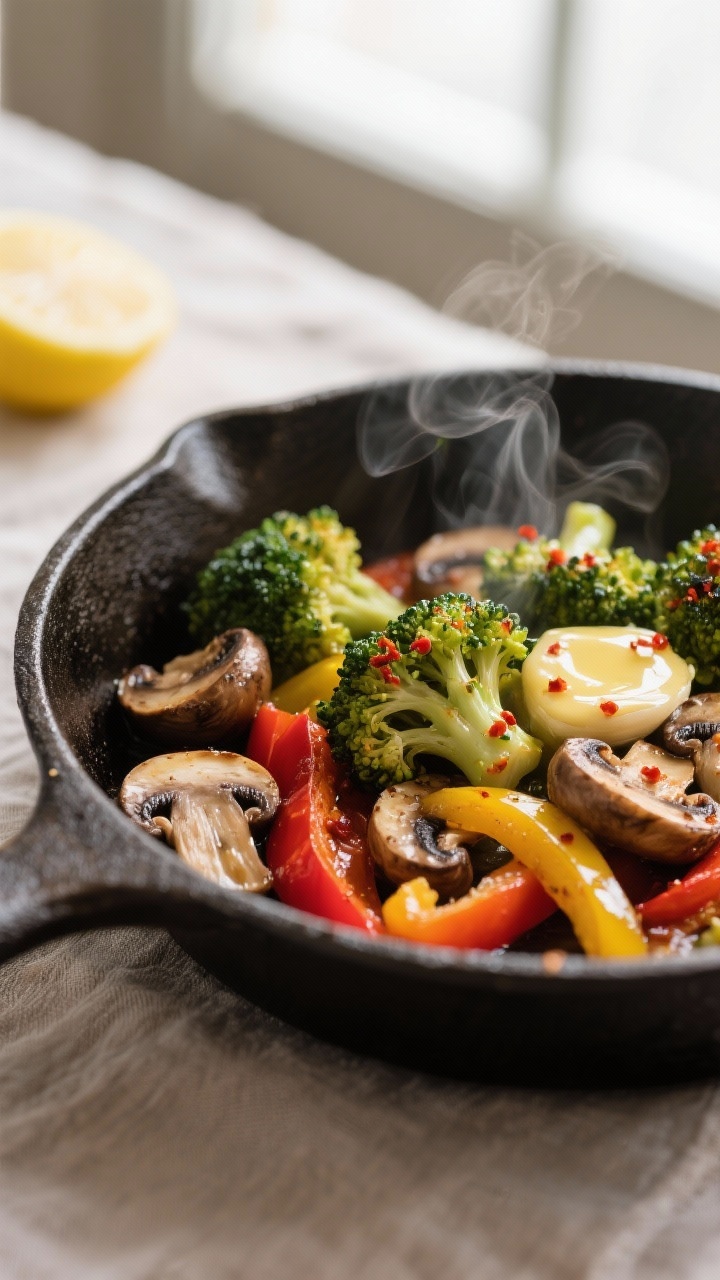 Close-up detail: Garlic butter–glossed broccoli florets, sautéed red and yellow bell pepper strip