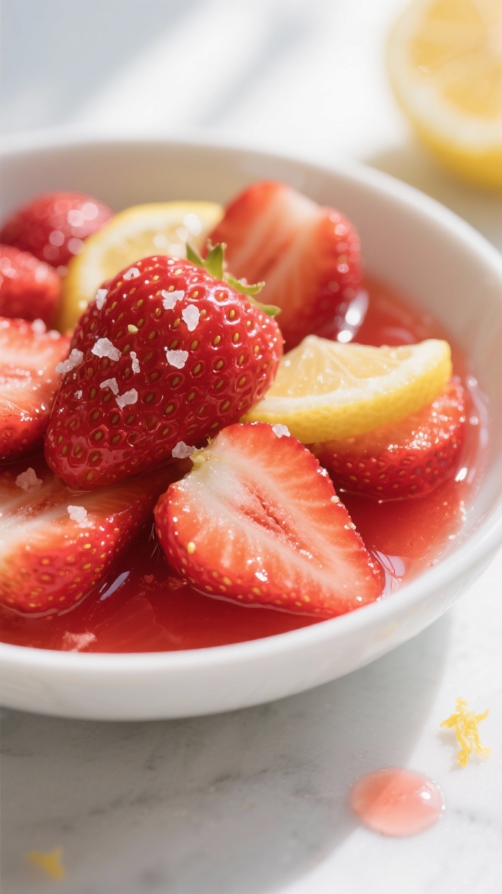 Close-up detail: Glossy macerated strawberry slices glistening with lemon juice and a whisper of map