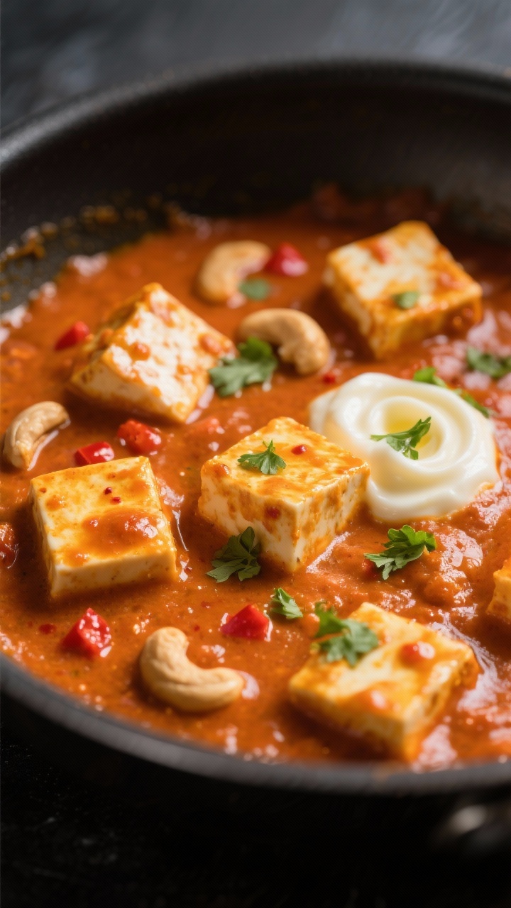Close-up detail: Glossy, sunset-orange paneer butter masala simmering in a shallow skillet, silky ca