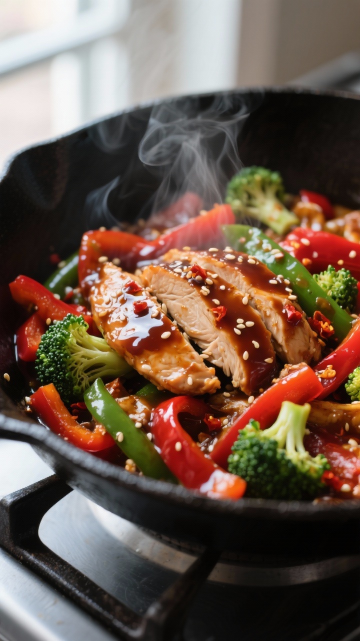 Close-up detail: Glossy tamari chicken stir-fry in a sizzling skillet, thin-sliced chicken glazed wi