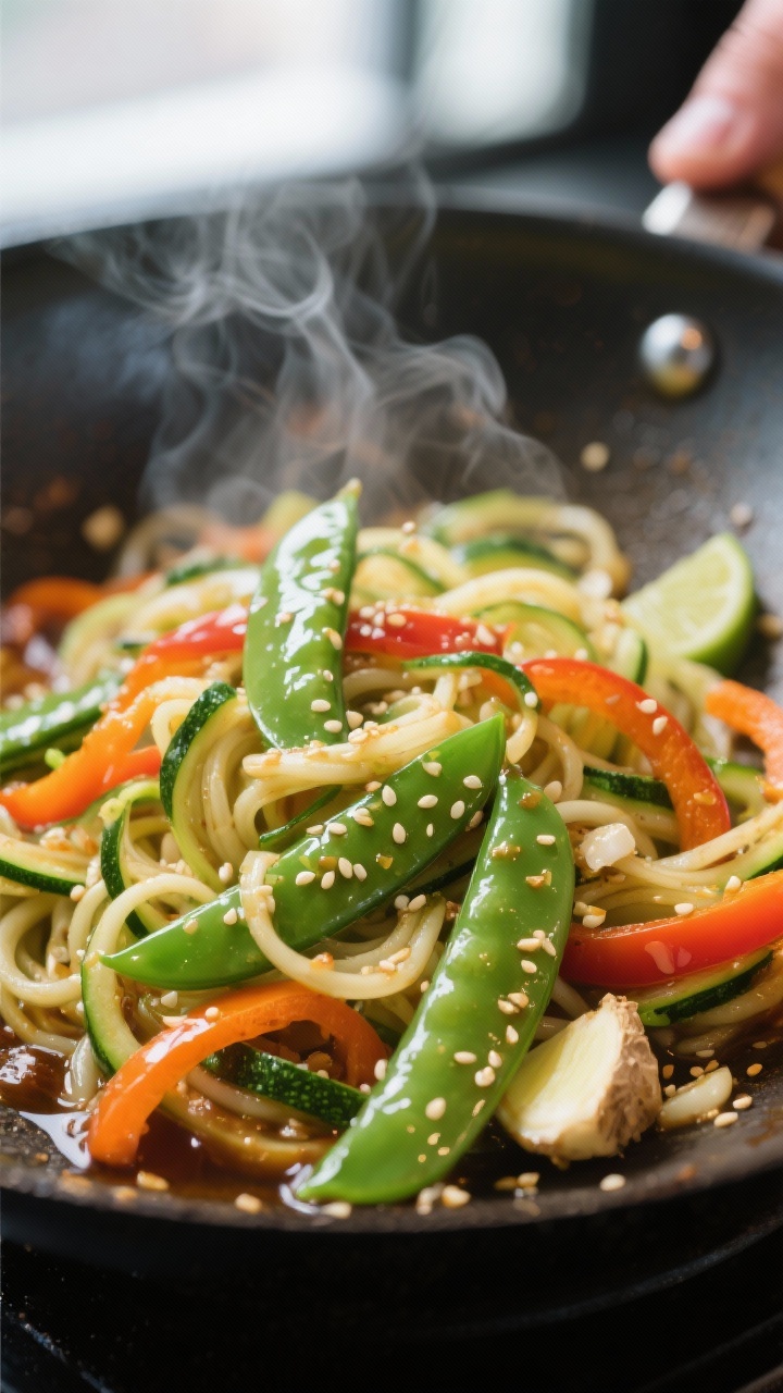 Close-up detail: Glossy zucchini noodles and snap peas being tossed in a hot wok with tamari-lime-ho
