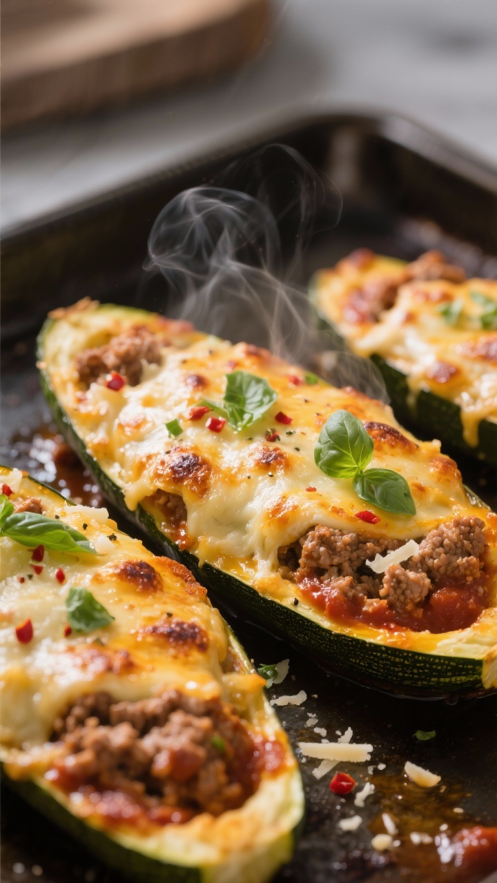 Close-up detail: Golden, broiled tops of baked zucchini boats just out of the oven, cheese melted an