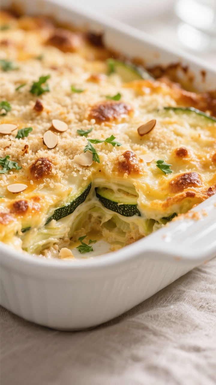 Close-up detail: Golden, bubbling low-carb zucchini casserole just out of the oven, showing a crisp 