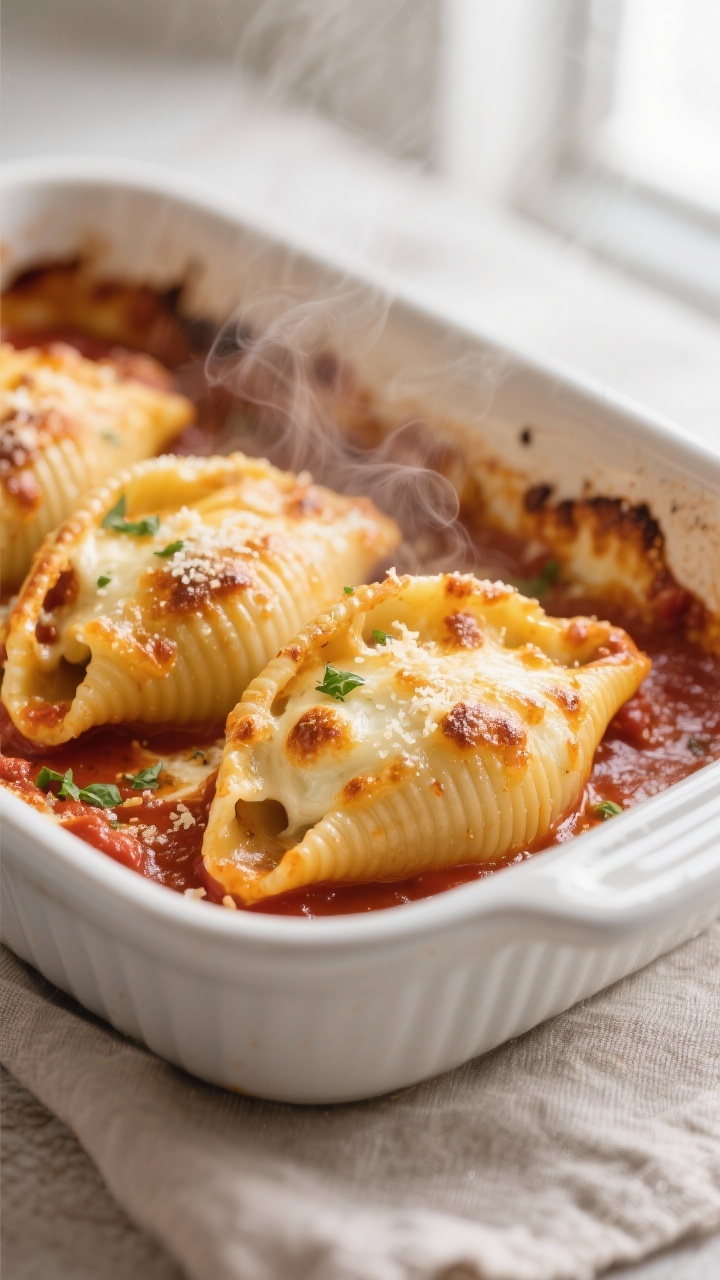 Close-up detail: Golden-bubbly cheesy stuffed shells just out of the oven, marinara sauce simmering 
