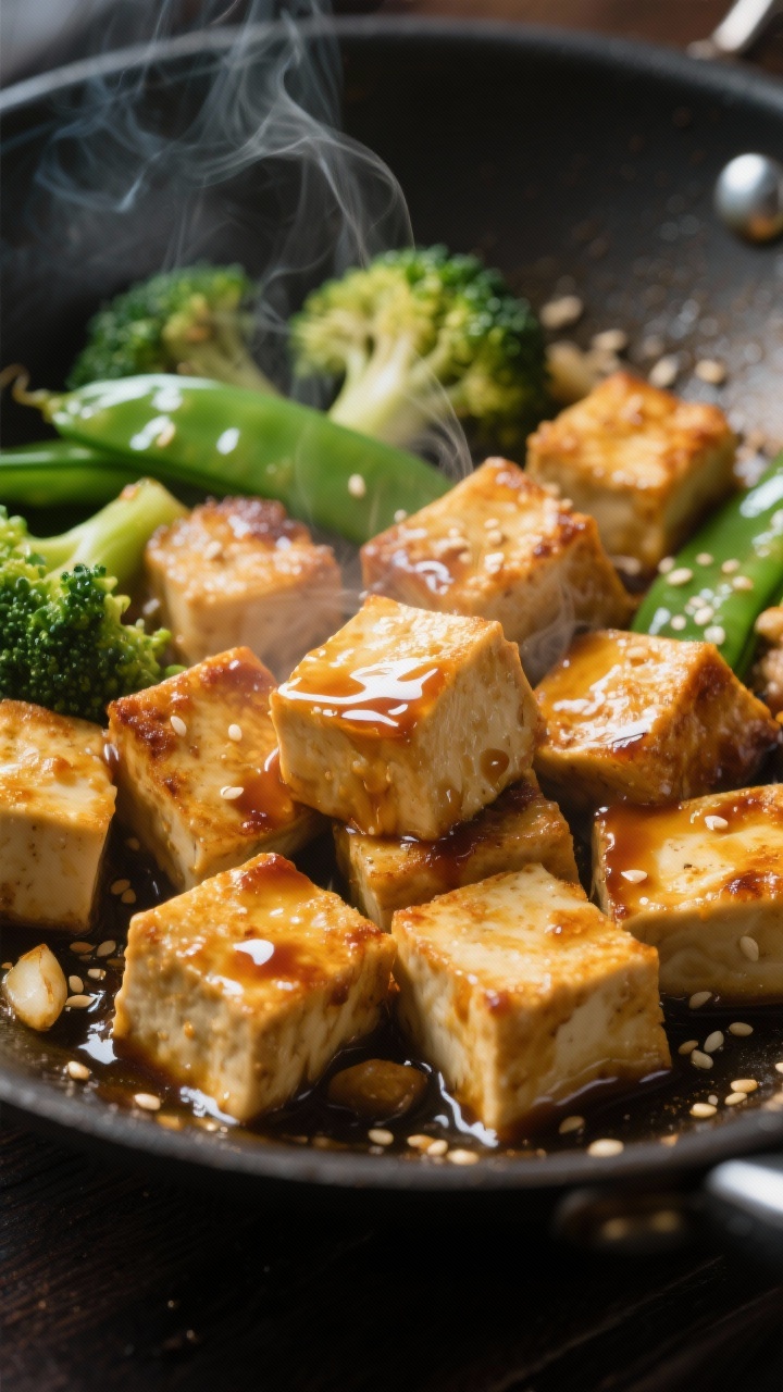 Close-up detail: Golden-crisp high-protein tofu cubes sizzling in a wok with glossy tamari-ginger-ga