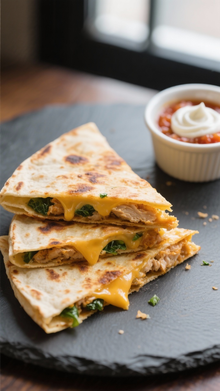 Close-up detail: Golden, crispy chicken quesadilla triangles just off the skillet, cheese visibly me