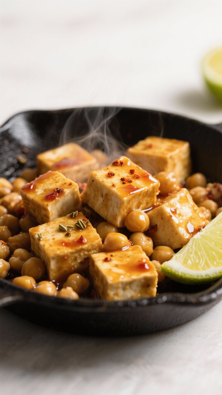 Close-up detail: Golden, crispy extra-firm tofu cubes glazed with a glossy soy–sriracha–maple sa
