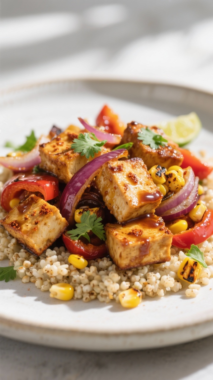 Close-up detail: Golden, roasted chipotle tempeh cubes with caramelized red onion and blistered bell