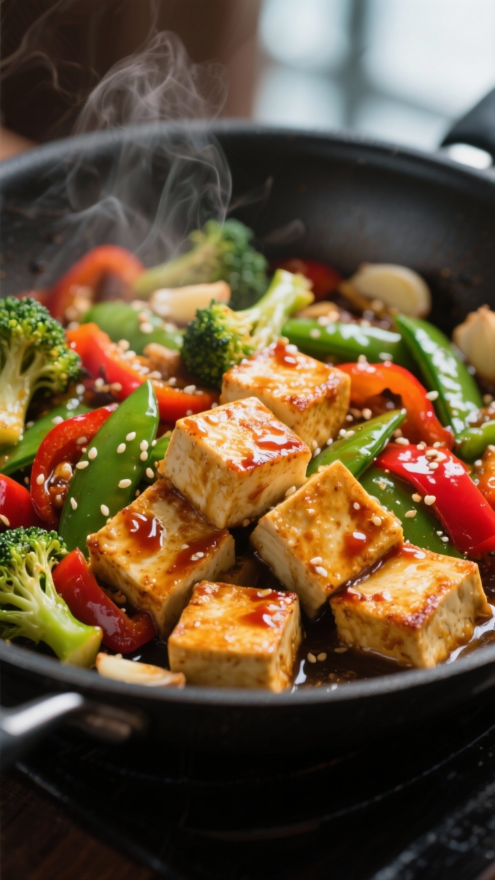 Close-up detail: Golden-seared tofu cubes in a sizzling skillet, edges crisp and lacquered with soy-