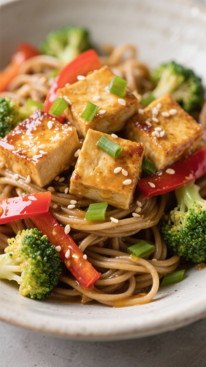 Close-up detail: Golden-seared tofu cubes lacquered in glossy peanut-lime sauce tossed with soba noo