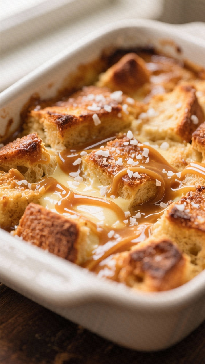 Close-up detail: Gooey salted caramel bread pudding just out of the oven, showing golden-brown, cris