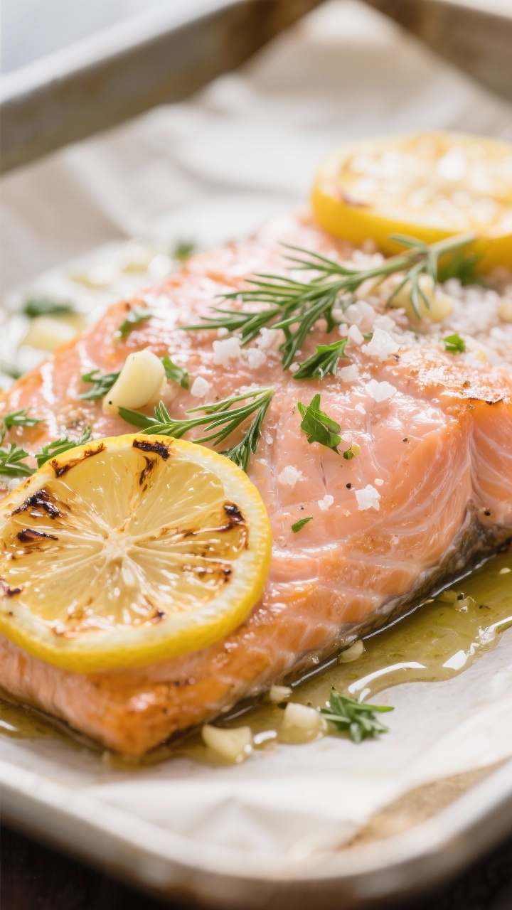 Close-up detail: Herb-roasted salmon just out of the oven, lemon slices blistered at the edges, flak