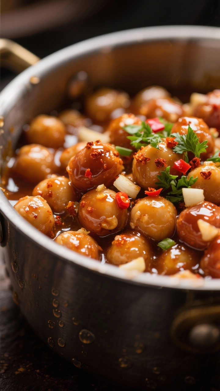 Close-up detail: Honey-garlic little smokies (or chickpeas) glazed and glossy in a shallow pot, thic