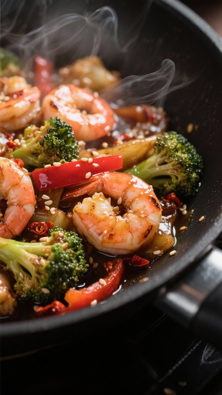 Close-up detail: Honey-garlic shrimp stir-fry just after the sauce turns glossy in the pan—plump p