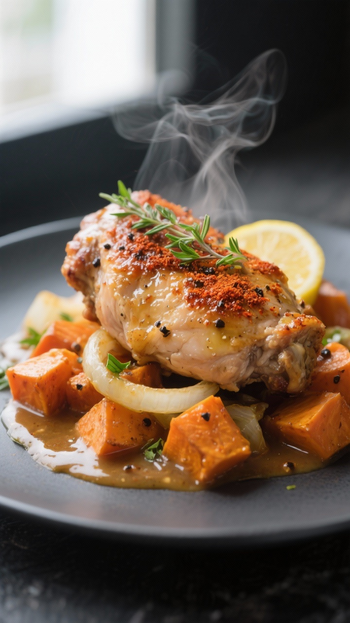 Close-up detail: Juicy Instant Pot chicken thighs nestled over caramelized sweet potato chunks and s