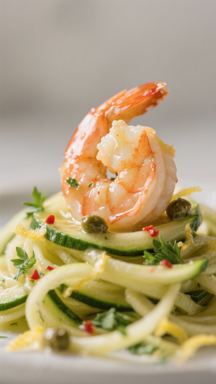 Close-up detail: Macro shot of a single shrimp atop zucchini noodles (zoodles) with glossy, dairy-fr