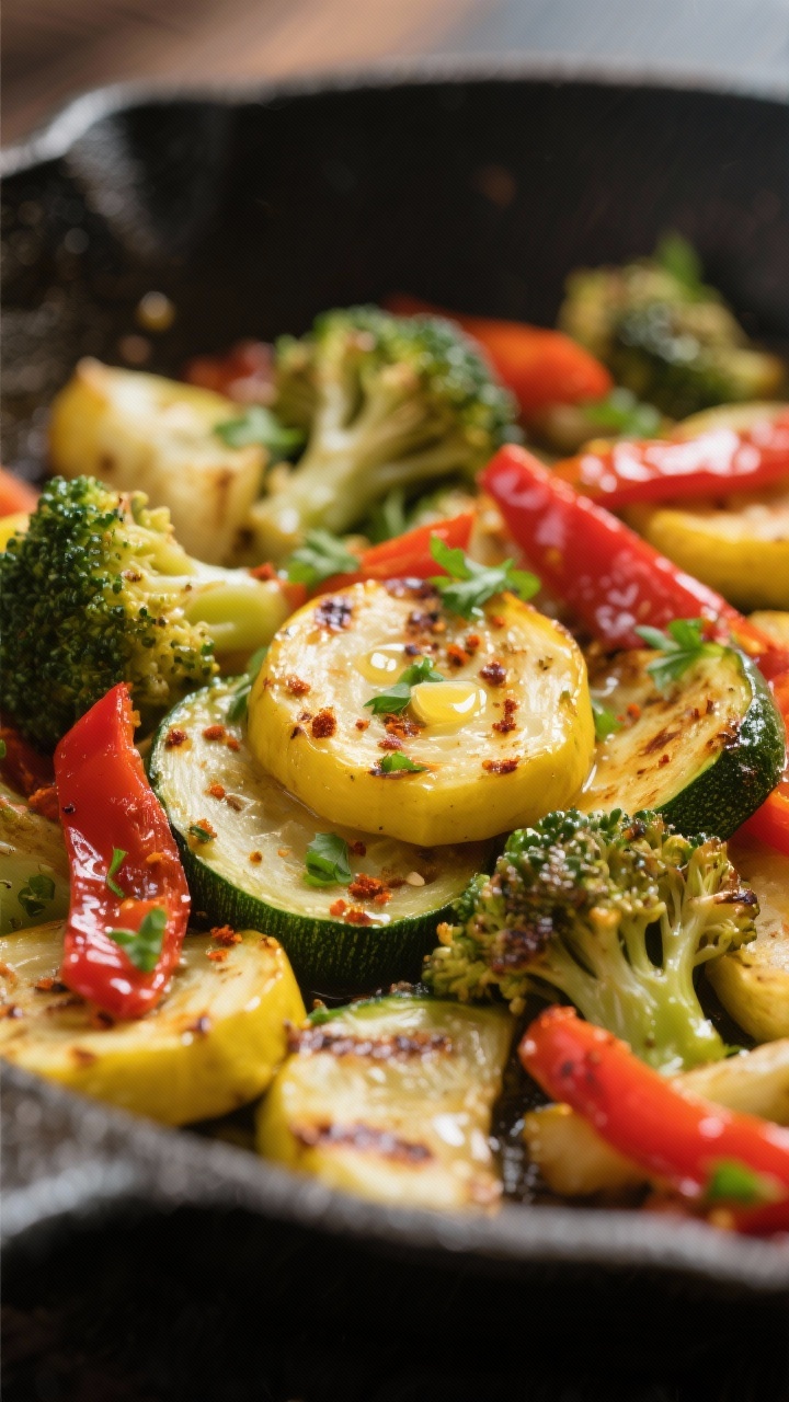 Close-up detail: Macro shot of finished skillet veggies showing glossy, crisp-tender zucchini and ye