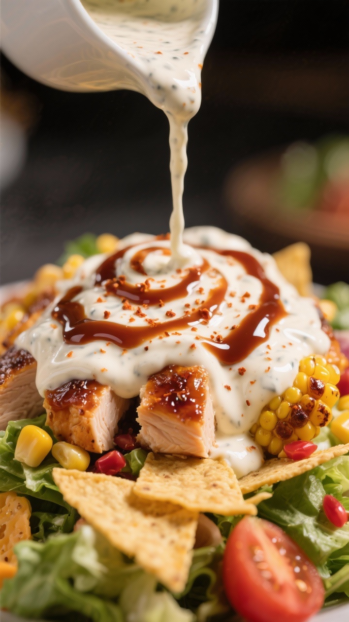 Close-up detail: Macro shot of the BBQ ranch drizzle landing on a mound of salad—creamy ranch swir