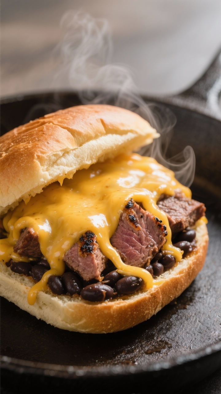 Close-up detail: Melty Oaxaca cheese cascading over sliced carne asada on a toasted bolillo half, wi
