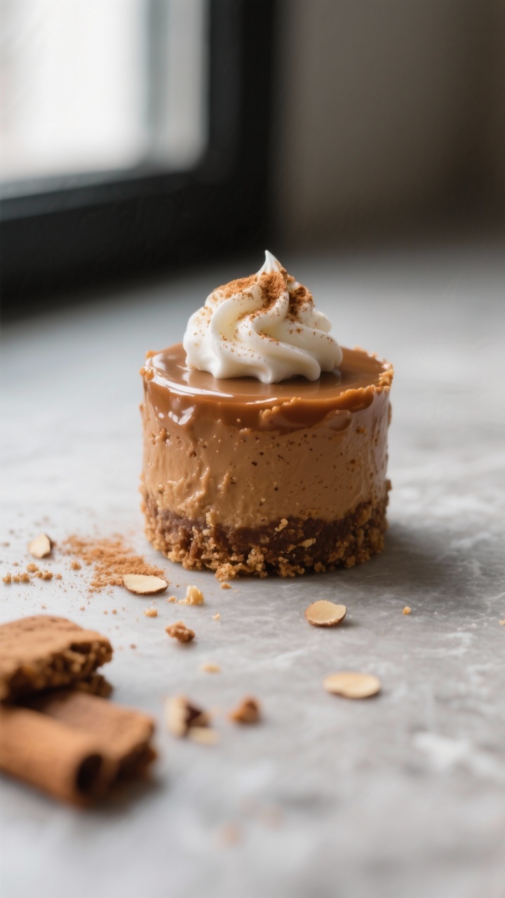 Close-up detail: Mini keto gingerbread cheesecake bite with a glossy, silky-smooth top and a neatly 