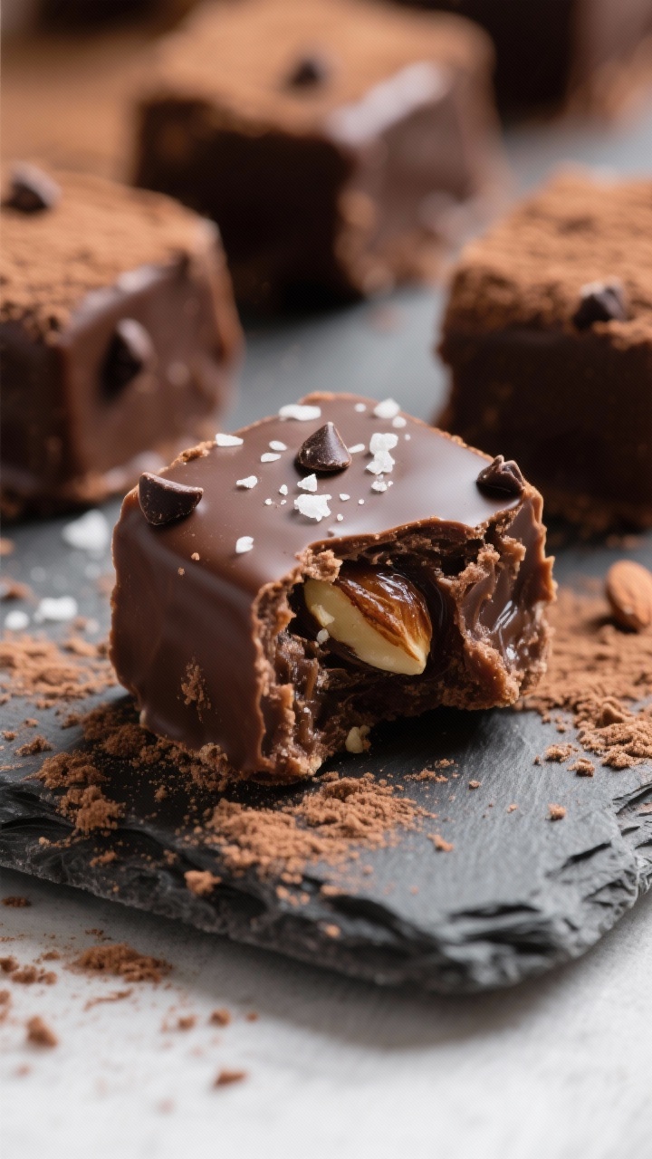 Close-up detail: No-Bake Almond Chocolate Fudge Bites just out of the fridge, glossy cocoa-dusted su