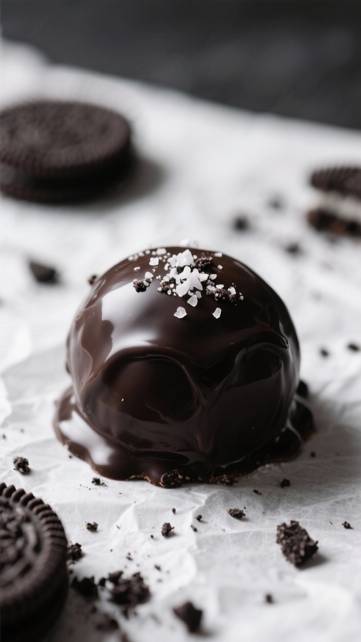 Close-up detail of a freshly dipped vegan Oreo truffle resting on parchment, glossy dark chocolate s