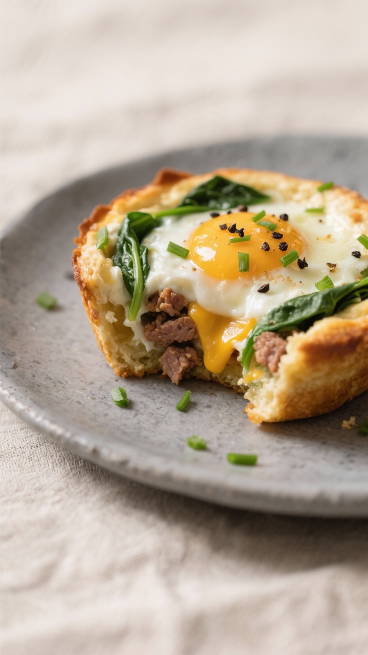 Close-up detail of a sliced egg muffin on a matte stone plate, showing tender, custardy interior fro