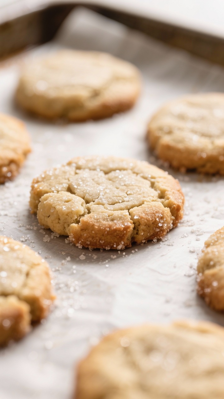 Close-up detail of freshly baked gluten-free vegan sugar cookies just out of the oven on a parchment