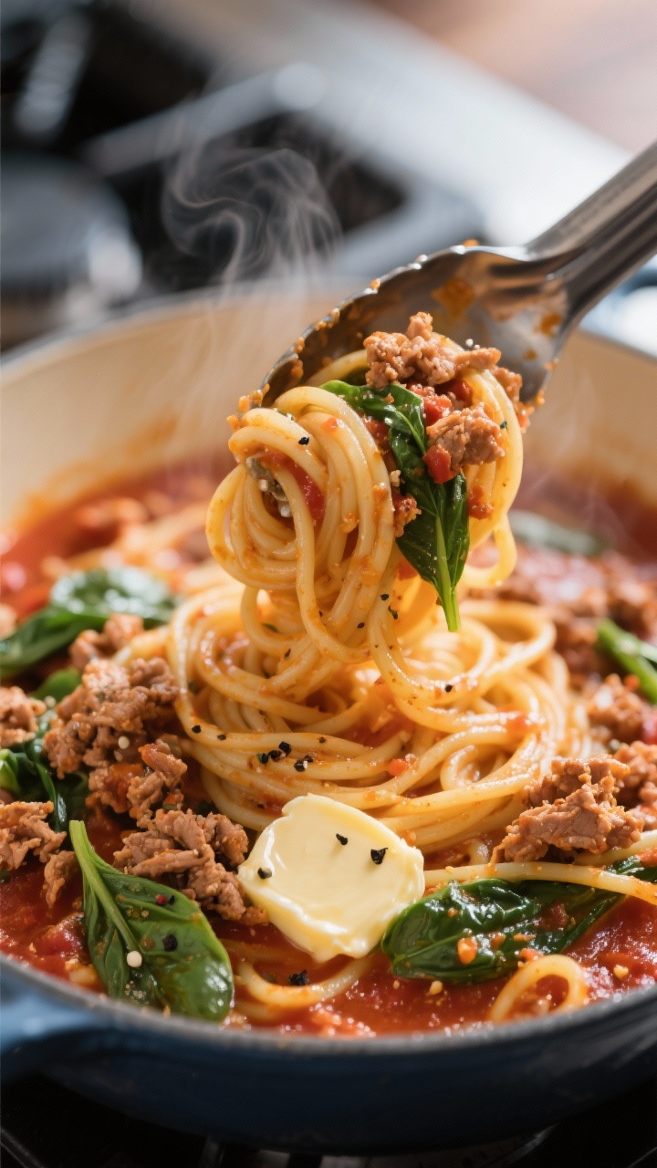Close-up detail — One-Pot Turkey Marinara Pasta: Tight, macro-style shot of spaghetti twirled on t