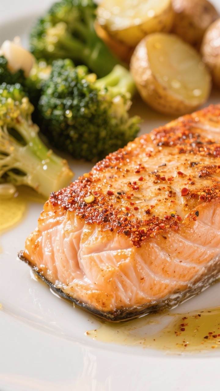 Close-up detail — Pan-Seared Salmon: Macro shot of a flaky salmon fillet seared to crisp perfectio