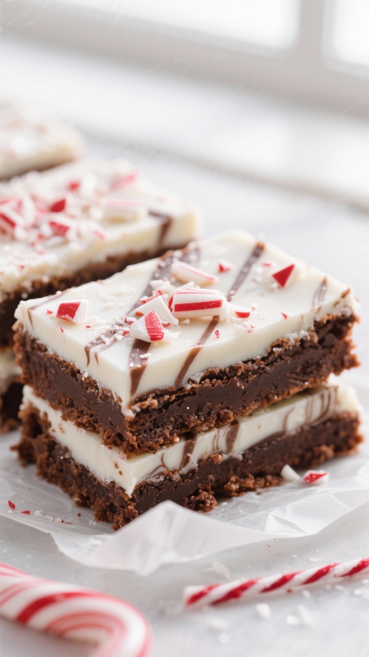 Close-up detail: Peppermint Bark Brownies sliced into neat squares, glossy white chocolate layer mar