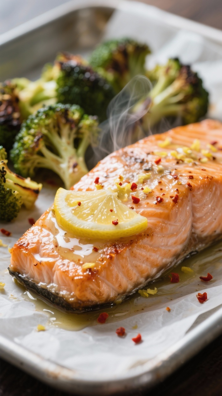 Close-up detail: Roasted salmon fillet topped with glossy garlicky lemon-butter, tiny flecks of lemo