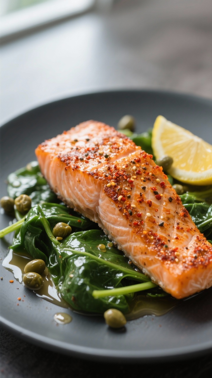 Close-up detail: Sear-crusted salmon fillet with paprika and cracked pepper, resting over glossy lem