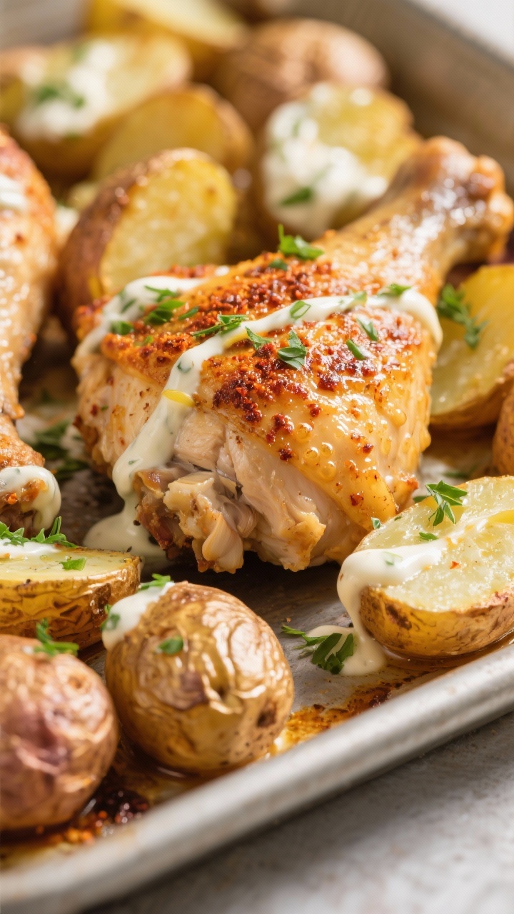 Close-up detail: Sheet-Pan Chicken & Potatoes just out of the oven, extreme close-up on golden, cris